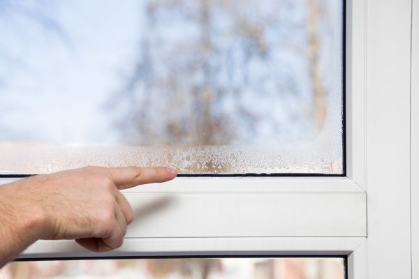 A finger pointing at a humid window corner